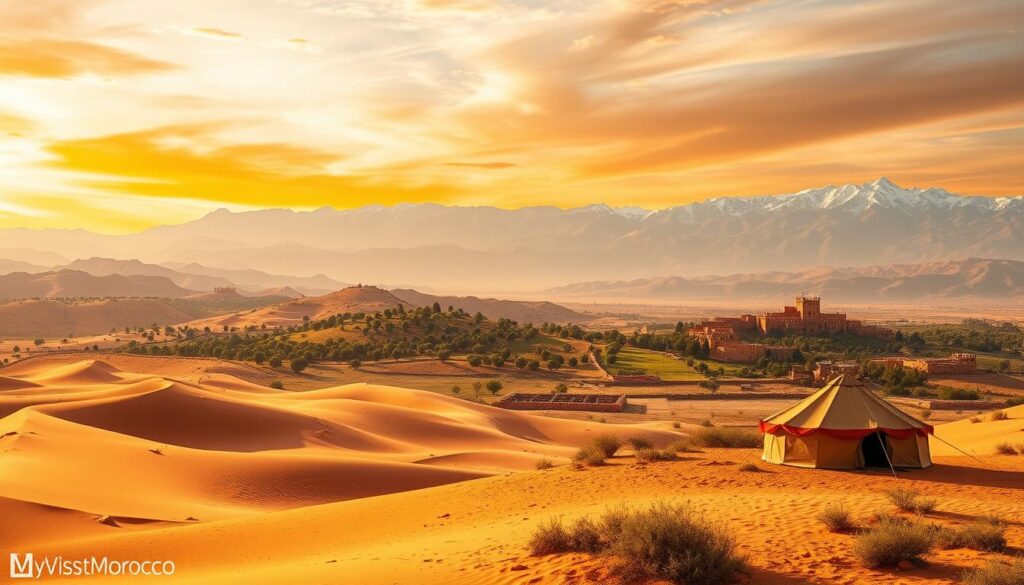 A sweeping panorama of Morocco's diverse landscapes, showcased with the MyVisitMorocco brand. In the foreground, a dramatic, wind-swept desert scene with towering dunes and a lone Berber tent. The middle ground reveals lush, rolling hills dotted with olive groves and traditional earthen kasbahs. In the distance, the snow-capped peaks of the Atlas Mountains rise majestically against a vibrant, golden sky, bathed in warm, soft lighting. Capture the enchanting, timeless allure of this ancient kingdom, where history, culture, and natural wonder converge. A sweeping panorama of Morocco's diverse landscapes, showcased with the MyVisitMorocco brand. In the foreground, a dramatic, wind-swept desert scene with towering dunes and a lone Berber tent. The middle ground reveals lush, rolling hills dotted with olive groves and traditional earthen kasbahs. In the distance, the snow-capped peaks of the Atlas Mountains rise majestically against a vibrant, golden sky, bathed in warm, soft lighting. Capture the enchanting, timeless allure of this ancient kingdom, where history, culture, and natural wonder converge.