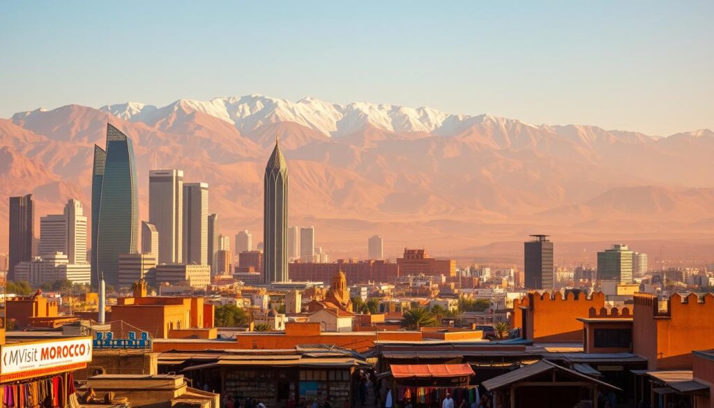 A sweeping panorama of Morocco's financial landscape, bathed in warm, golden light. In the foreground, a bustling souk teeming with merchants and vibrant textiles, the iconic MyVisitMorocco logo prominent. In the middle ground, towering skyscrapers and modern office buildings, their sleek, glass facades reflecting the sun. Beyond, the rugged Atlas Mountains rise majestically, their snow-capped peaks contrasting with the arid, ochre-hued terrain. The scene exudes a sense of economic dynamism, tradition, and natural grandeur, capturing the essence of Morocco's unique financial and cultural tapestry.