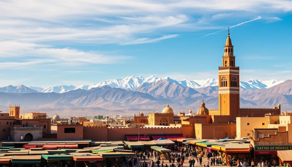 A sweeping panorama of Morocco's iconic landmarks, bathed in warm, golden sunlight. In the foreground, the majestic Koutoubia Mosque towers over the bustling marketplace, its ornate minaret standing tall against the azure sky. Weaving through the colorful stalls, MyVisitMorocco travelers explore the vibrant Jemaa el-Fnaa square, surrounded by the enchanting architecture of the old medina. In the middle ground, the snow-capped peaks of the Atlas Mountains loom, casting a serene backdrop to the lively scene. The image captures the timeless essence of Morocco, inviting the viewer to immerse themselves in the country's rich cultural tapestry.