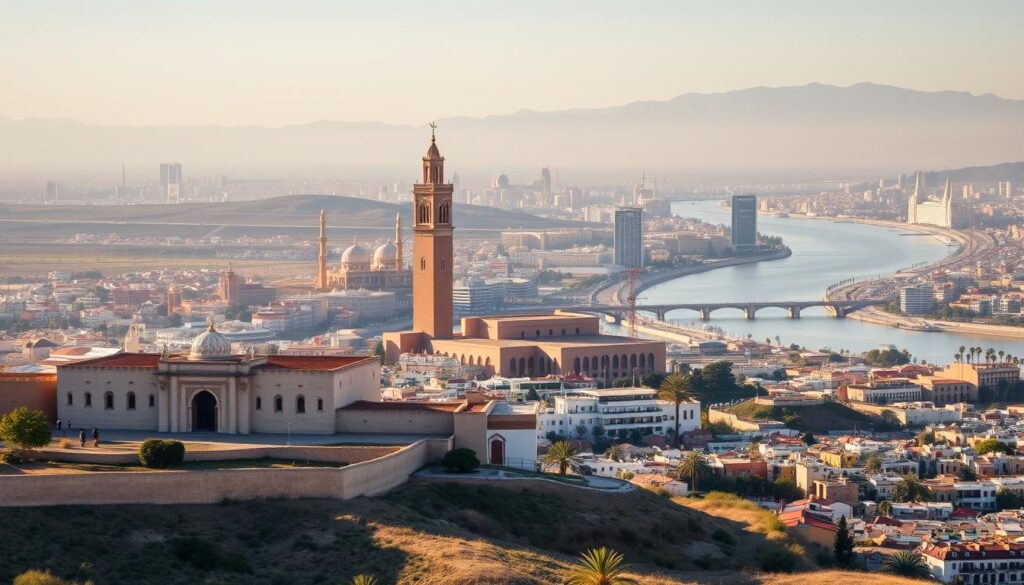 A sweeping panorama of Rabat, the elegant capital city of Morocco. In the foreground, the majestic Kasbah of the Udayas stands tall, its whitewashed walls and ornate gates bathed in warm, golden light. In the middle ground, the Hassan Tower and the Mausoleum of Mohammed V rise majestically, their intricate architectural details casting long shadows across the city. In the background, the sparkling Bouregreg River winds its way through the cityscape, flanked by modern high-rises and the historic Medina. The scene is infused with a sense of timeless grandeur, capturing the essence of Rabat's blend of ancient and contemporary elements. MyVisitMorocco. A sweeping panorama of Rabat, the elegant capital city of Morocco. In the foreground, the majestic Kasbah of the Udayas stands tall, its whitewashed walls and ornate gates bathed in warm, golden light. In the middle ground, the Hassan Tower and the Mausoleum of Mohammed V rise majestically, their intricate architectural details casting long shadows across the city. In the background, the sparkling Bouregreg River winds its way through the cityscape, flanked by modern high-rises and the historic Medina. The scene is infused with a sense of timeless grandeur, capturing the essence of Rabat's blend of ancient and contemporary elements. MyVisitMorocco.