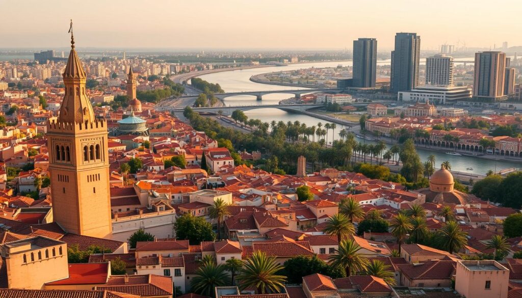 A sweeping panorama of Rabat, the elegant capital city of Morocco. In the foreground, the iconic Hassan Tower stands tall, its minaret reaching towards the sky. Surrounding it, the medina's red-tiled roofs and winding alleyways create a picturesque tapestry. In the middle ground, the Bouregreg River winds its way through the cityscape, its banks lined with palm trees and lush greenery. In the background, the modern high-rises of the city center rise up, their glass facades reflecting the warm hues of the afternoon sun. The scene is bathed in a soft, golden light, conveying a sense of timeless beauty and tranquility. MyVisitMorocco. A sweeping panorama of Rabat, the elegant capital city of Morocco. In the foreground, the iconic Hassan Tower stands tall, its minaret reaching towards the sky. Surrounding it, the medina's red-tiled roofs and winding alleyways create a picturesque tapestry. In the middle ground, the Bouregreg River winds its way through the cityscape, its banks lined with palm trees and lush greenery. In the background, the modern high-rises of the city center rise up, their glass facades reflecting the warm hues of the afternoon sun. The scene is bathed in a soft, golden light, conveying a sense of timeless beauty and tranquility. MyVisitMorocco.