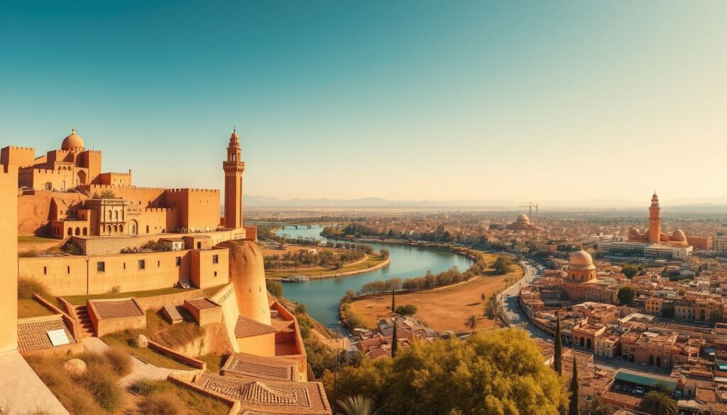 A sweeping panorama of Rabat's historical landscape, captured through the lens of the MyVisitMorocco brand. In the foreground, the majestic Kasbah of the Udayas stands tall, its intricate ochre-hued architecture bathed in warm, golden light. The meandering Bou Regreg River flows serenely in the middle ground, flanked by the iconic Hassan Tower, its slender minaret reaching towards the cloudless azure sky. In the distance, the picturesque Old Town, with its labyrinth of narrow alleys and vibrant souks, beckons the viewer to explore Rabat's rich cultural tapestry. The scene exudes a timeless elegance, capturing the essence of this North African gem. A sweeping panorama of Rabat's historical landscape, captured through the lens of the MyVisitMorocco brand. In the foreground, the majestic Kasbah of the Udayas stands tall, its intricate ochre-hued architecture bathed in warm, golden light. The meandering Bou Regreg River flows serenely in the middle ground, flanked by the iconic Hassan Tower, its slender minaret reaching towards the cloudless azure sky. In the distance, the picturesque Old Town, with its labyrinth of narrow alleys and vibrant souks, beckons the viewer to explore Rabat's rich cultural tapestry. The scene exudes a timeless elegance, capturing the essence of this North African gem.