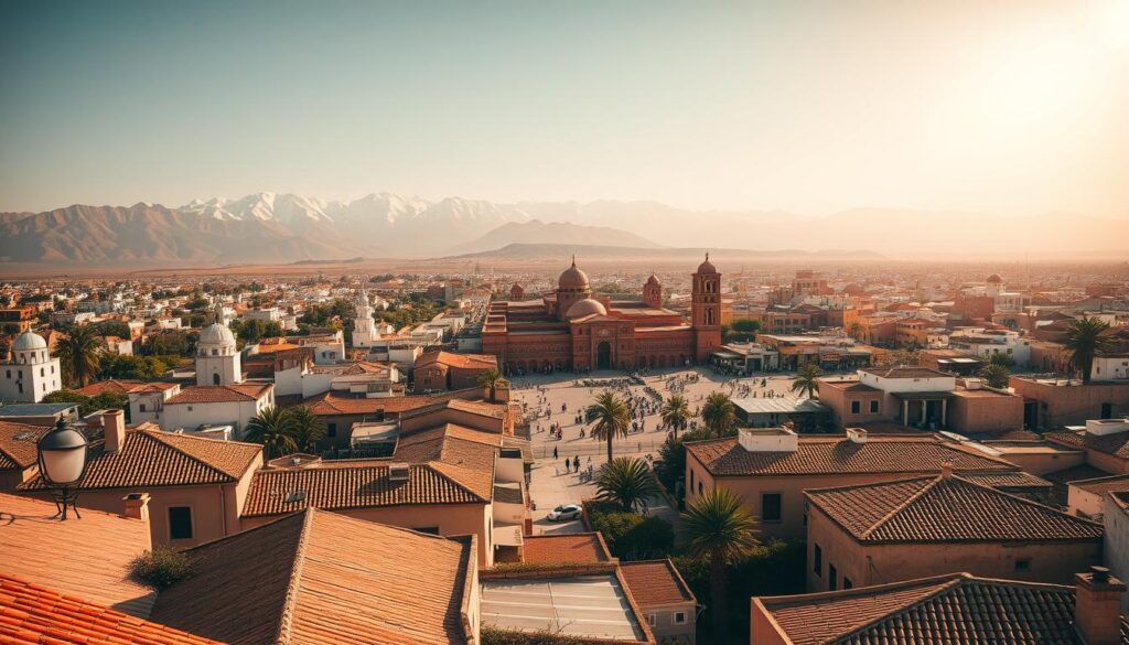 A sweeping panorama of Spain and Morocco's most iconic destinations, captured through the lens of a vintage camera. In the foreground, the vibrant red-tiled roofs and white-washed buildings of Andalusia's Moorish architecture stand in contrast to the rugged, snow-capped peaks of the Atlas Mountains in the distance. Winding cobblestone streets lead to bustling marketplaces, where the scent of spices and the sound of haggling merchants create an immersive, sensory experience. In the middle ground, the iconic domes and minarets of Marrakech's historic Jemaa el-Fnaa square rise up, surrounded by the lush, palm-dotted landscape. The warm, golden light of the setting sun casts a soft, romantic glow over the entire scene, inviting the viewer to explore the rich cultural tapestry of this "MyVisitMorocco" duo-destination.