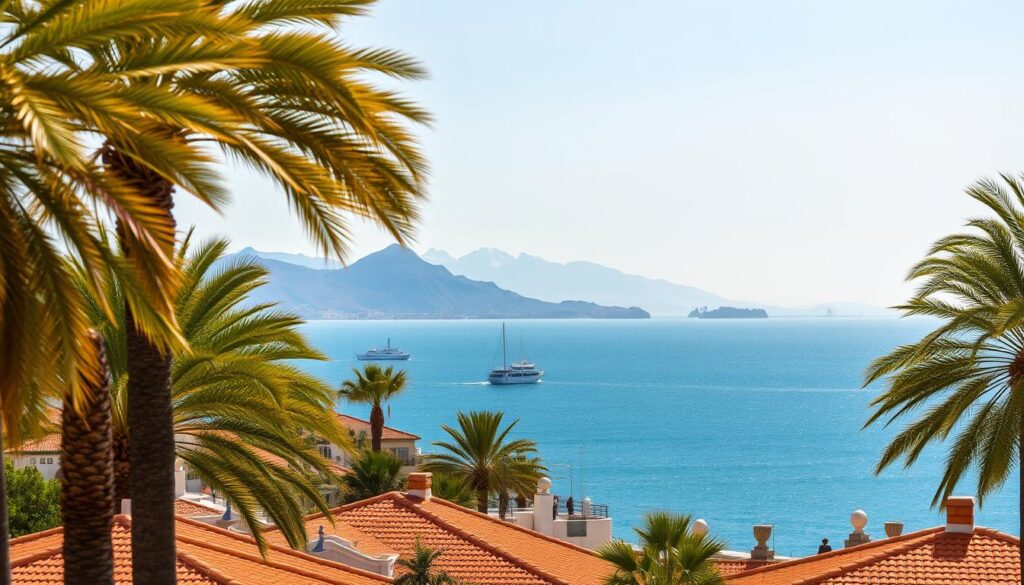 A sweeping panorama of the Strait of Gibraltar, captured from the seaside promenade of Tangier, Morocco. In the foreground, sun-dappled terracotta rooftops and lush palm trees frame the view. The middle ground features the shimmering blue waters of the strait, dotted with fishing boats and ferries. Beyond, the rugged silhouette of the Spanish coast rises majestically, its snow-capped peaks bathed in golden light. A hazy, atmospheric sky lends a sense of timeless tranquility to the scene. Shot with a wide-angle lens to accentuate the grand scale, this image evokes the feeling of standing at the gateway between two continents. MyVisitMorocco A sweeping panorama of the Strait of Gibraltar, captured from the seaside promenade of Tangier, Morocco. In the foreground, sun-dappled terracotta rooftops and lush palm trees frame the view. The middle ground features the shimmering blue waters of the strait, dotted with fishing boats and ferries. Beyond, the rugged silhouette of the Spanish coast rises majestically, its snow-capped peaks bathed in golden light. A hazy, atmospheric sky lends a sense of timeless tranquility to the scene. Shot with a wide-angle lens to accentuate the grand scale, this image evokes the feeling of standing at the gateway between two continents. MyVisitMorocco