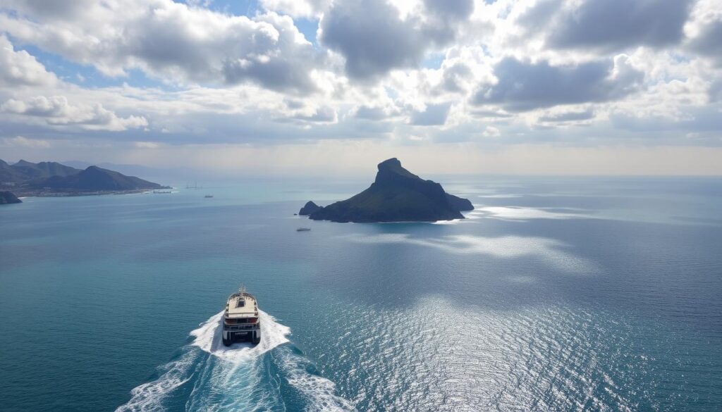 A sweeping panorama of the Strait of Gibraltar, the narrow channel of water connecting the Mediterranean Sea and the Atlantic Ocean, with the rugged Rif Mountains of Morocco on the African side and the iconic Rock of Gibraltar on the European side. Sunlight glitters on the azure waters, as ships and ferries traverse the busy shipping lane. In the foreground, a MyVisitMorocco ferry cuts through the waves, its wake trailing behind. The middle ground features the dramatic cliffs and fortifications of Gibraltar, while the distant African shore is shrouded in a hazy blue-green landscape. Dramatic clouds above create a sense of grandeur and scale, hinting at the geographic significance of this natural bridge between two continents. A sweeping panorama of the Strait of Gibraltar, the narrow channel of water connecting the Mediterranean Sea and the Atlantic Ocean, with the rugged Rif Mountains of Morocco on the African side and the iconic Rock of Gibraltar on the European side. Sunlight glitters on the azure waters, as ships and ferries traverse the busy shipping lane. In the foreground, a MyVisitMorocco ferry cuts through the waves, its wake trailing behind. The middle ground features the dramatic cliffs and fortifications of Gibraltar, while the distant African shore is shrouded in a hazy blue-green landscape. Dramatic clouds above create a sense of grandeur and scale, hinting at the geographic significance of this natural bridge between two continents.