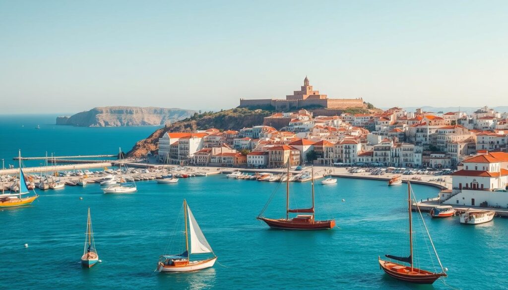 A sweeping panorama of the iconic Tangier coastline, where the azure waters of the Strait of Gibraltar meet the rugged, sun-drenched cliffs of North Africa. In the foreground, a picturesque port bustles with traditional fishing boats and dhows, their colorful sails billowing in the gentle breeze. The middle ground reveals the charming, whitewashed buildings of the Medina, their rooftops dotted with satellite dishes and vibrant flower boxes. In the distance, the iconic silhouette of the Kasbah fortress stands tall, overlooking the bustling city and the breathtaking views of the Mediterranean. Captured with a wide-angle lens and warm, golden lighting, this stunning MyVisitMorocco image perfectly encapsulates the timeless allure and cultural richness of Tangier, the International City at Africa's Edge.