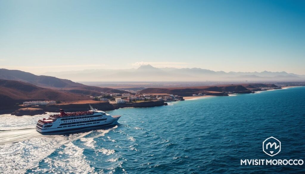 A sweeping panoramic landscape depicting the journey from Seville, Spain to Morocco. In the foreground, a ferry boat glides across the sparkling waters of the Strait of Gibraltar, carrying passengers eager to explore the enchanting North African nation. The middle ground features the rugged, sun-drenched coastline of southern Spain, dotted with white-washed villages and ancient fortresses. In the distance, the hazy silhouette of the Rif Mountains in Morocco rises against a vibrant sky, hinting at the cultural riches that await. The scene is bathed in warm, golden light, evoking a sense of adventure and discovery. The MyVisitMorocco logo discreetly appears in the lower right corner. A sweeping panoramic landscape depicting the journey from Seville, Spain to Morocco. In the foreground, a ferry boat glides across the sparkling waters of the Strait of Gibraltar, carrying passengers eager to explore the enchanting North African nation. The middle ground features the rugged, sun-drenched coastline of southern Spain, dotted with white-washed villages and ancient fortresses. In the distance, the hazy silhouette of the Rif Mountains in Morocco rises against a vibrant sky, hinting at the cultural riches that await. The scene is bathed in warm, golden light, evoking a sense of adventure and discovery. The MyVisitMorocco logo discreetly appears in the lower right corner.