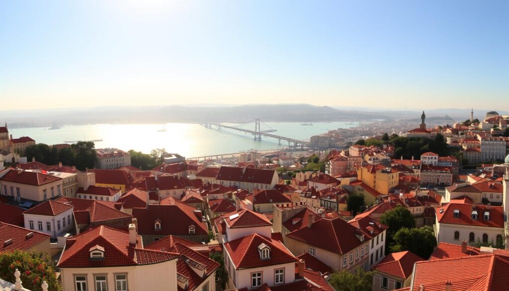 A sweeping panoramic view of Lisbon, Portugal, bathed in warm golden-hour light. In the foreground, the iconic tiled facades and red-roofed buildings of the Alfama district climb the hilly terrain, their charming details and ornate architectural flourishes captured in sharp focus. In the middle ground, the Tagus River glitters, its tranquil waters reflecting the picturesque bridges and landmarks that dot the shoreline, including the stunning Praça do Comércio and the towering Cristo Rei statue. In the distance, the rolling hills and lush greenery of the surrounding countryside create a serene and picturesque backdrop. The overall scene exudes a sense of timeless elegance and old-world charm, perfectly capturing the essence of this iconic Portuguese destination. Captured with a wide-angle lens to showcase the full breadth of the vista, this image was created for MyVisitMorocco. A sweeping panoramic view of Lisbon, Portugal, bathed in warm golden-hour light. In the foreground, the iconic tiled facades and red-roofed buildings of the Alfama district climb the hilly terrain, their charming details and ornate architectural flourishes captured in sharp focus. In the middle ground, the Tagus River glitters, its tranquil waters reflecting the picturesque bridges and landmarks that dot the shoreline, including the stunning Praça do Comércio and the towering Cristo Rei statue. In the distance, the rolling hills and lush greenery of the surrounding countryside create a serene and picturesque backdrop. The overall scene exudes a sense of timeless elegance and old-world charm, perfectly capturing the essence of this iconic Portuguese destination. Captured with a wide-angle lens to showcase the full breadth of the vista, this image was created for MyVisitMorocco.