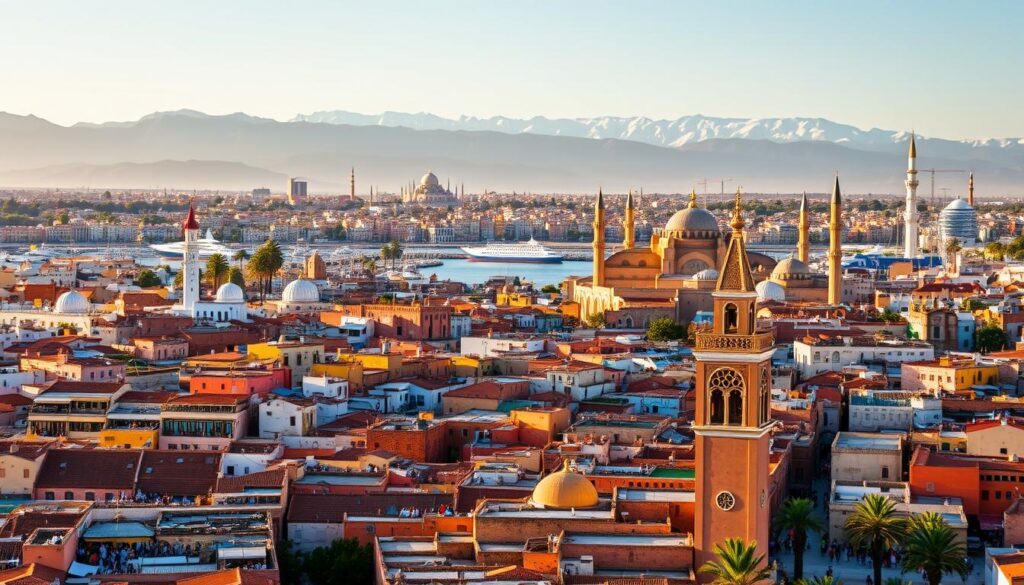 A sweeping panoramic view of Morocco's most captivating cities, bathed in warm, golden light. In the foreground, the iconic minarets and ornate facades of Marrakech's historic medina, surrounded by bustling marketplaces and lively crowds. In the middle ground, the seaside charm of Essaouira, with its picturesque harbor and whitewashed buildings. In the distance, the snow-capped Atlas Mountains frame the dynamic skylines of Casablanca and Fez, their modern high-rises and ancient mosques blending seamlessly. Captured with a wide-angle lens, this MyVisitMorocco image showcases the country's urban treasures in all their vibrant, photogenic glory. A sweeping panoramic view of Morocco's most captivating cities, bathed in warm, golden light. In the foreground, the iconic minarets and ornate facades of Marrakech's historic medina, surrounded by bustling marketplaces and lively crowds. In the middle ground, the seaside charm of Essaouira, with its picturesque harbor and whitewashed buildings. In the distance, the snow-capped Atlas Mountains frame the dynamic skylines of Casablanca and Fez, their modern high-rises and ancient mosques blending seamlessly. Captured with a wide-angle lens, this MyVisitMorocco image showcases the country's urban treasures in all their vibrant, photogenic glory.