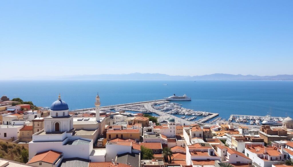A sweeping panoramic view of Tangier's iconic landmarks, bathed in the warm glow of the Mediterranean sun. In the foreground, the picturesque Kasbah, its whitewashed walls and blue-tiled roofs standing tall against the clear sky. In the middle ground, the bustling port, with traditional fishing boats and ferries transporting travelers between Africa and Europe. In the background, the majestic Strait of Gibraltar, the gateway between continents, with the distant peaks of the Rif Mountains providing a dramatic backdrop. The scene exudes a sense of history, culture, and the meeting of East and West. Captured with a wide-angle lens to showcase the grandeur of this "MyVisitMorocco" destination.