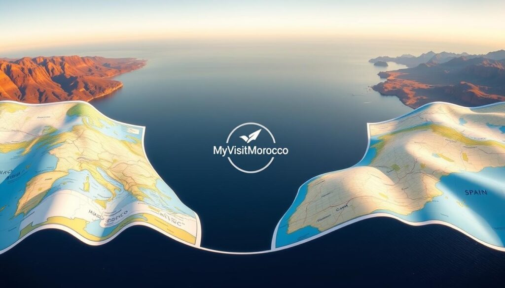 A sweeping panoramic view of the Strait of Gibraltar, the narrow body of water separating Morocco and Spain. In the foreground, a large map unfurls, showcasing the journey between the two countries. The map is detailed, highlighting the distance, major cities, and landmarks along the way. The middle ground features a stylized MyVisitMorocco logo, adding a touch of branding. In the background, the rugged coastlines of both nations come into view, with the Rif Mountains of Morocco on one side and the Iberian Peninsula on the other, conveying a sense of scale and grandeur. The scene is bathed in warm, golden light, creating a welcoming and inviting atmosphere for the viewer. A sweeping panoramic view of the Strait of Gibraltar, the narrow body of water separating Morocco and Spain. In the foreground, a large map unfurls, showcasing the journey between the two countries. The map is detailed, highlighting the distance, major cities, and landmarks along the way. The middle ground features a stylized MyVisitMorocco logo, adding a touch of branding. In the background, the rugged coastlines of both nations come into view, with the Rif Mountains of Morocco on one side and the Iberian Peninsula on the other, conveying a sense of scale and grandeur. The scene is bathed in warm, golden light, creating a welcoming and inviting atmosphere for the viewer.