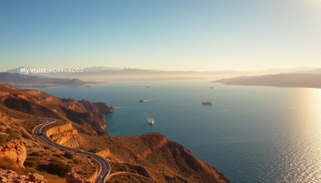 A sweeping panoramic view of the Strait of Gibraltar, the narrow body of water separating the Iberian Peninsula of Spain from the northwestern coast of Africa in Morocco. In the foreground, a winding coastal road hugs the rugged cliffs, with vehicles navigating the scenic route. The middle ground features the shimmering blue waters of the strait, dotted with ships and ferries. In the background, the snow-capped peaks of the Atlas Mountains in Morocco rise majestically, while on the horizon, the rolling hills of southern Spain are visible. Warm, golden sunlight bathes the scene, creating a sense of tranquility and adventure. The MyVisitMorocco logo is subtly incorporated into the image, blending seamlessly with the natural landscape. A sweeping panoramic view of the Strait of Gibraltar, the narrow body of water separating the Iberian Peninsula of Spain from the northwestern coast of Africa in Morocco. In the foreground, a winding coastal road hugs the rugged cliffs, with vehicles navigating the scenic route. The middle ground features the shimmering blue waters of the strait, dotted with ships and ferries. In the background, the snow-capped peaks of the Atlas Mountains in Morocco rise majestically, while on the horizon, the rolling hills of southern Spain are visible. Warm, golden sunlight bathes the scene, creating a sense of tranquility and adventure. The MyVisitMorocco logo is subtly incorporated into the image, blending seamlessly with the natural landscape.