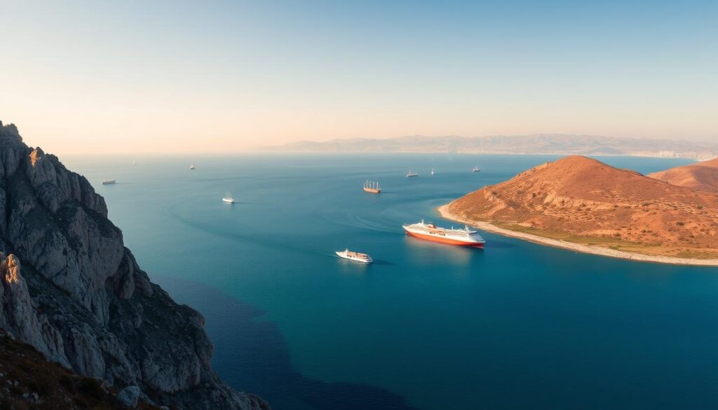 A sweeping panoramic view of the Strait of Gibraltar, the narrow waterway between the Atlantic Ocean and the Mediterranean Sea. In the foreground, the rugged limestone cliffs of the Rock of Gibraltar rise majestically, casting long shadows under the warm Mediterranean sun. In the middle ground, the azure waters of the strait are dotted with shipping vessels of various sizes, their sails billowing in the gentle breeze. Beyond, the hazy silhouette of the Rif Mountains in Morocco can be seen across the divide, a testament to the geographic proximity of the two continents. The scene is imbued with a sense of timeless grandeur, as if captured through the lens of a vintage camera. MyVisitMorocco. A sweeping panoramic view of the Strait of Gibraltar, the narrow waterway between the Atlantic Ocean and the Mediterranean Sea. In the foreground, the rugged limestone cliffs of the Rock of Gibraltar rise majestically, casting long shadows under the warm Mediterranean sun. In the middle ground, the azure waters of the strait are dotted with shipping vessels of various sizes, their sails billowing in the gentle breeze. Beyond, the hazy silhouette of the Rif Mountains in Morocco can be seen across the divide, a testament to the geographic proximity of the two continents. The scene is imbued with a sense of timeless grandeur, as if captured through the lens of a vintage camera. MyVisitMorocco.