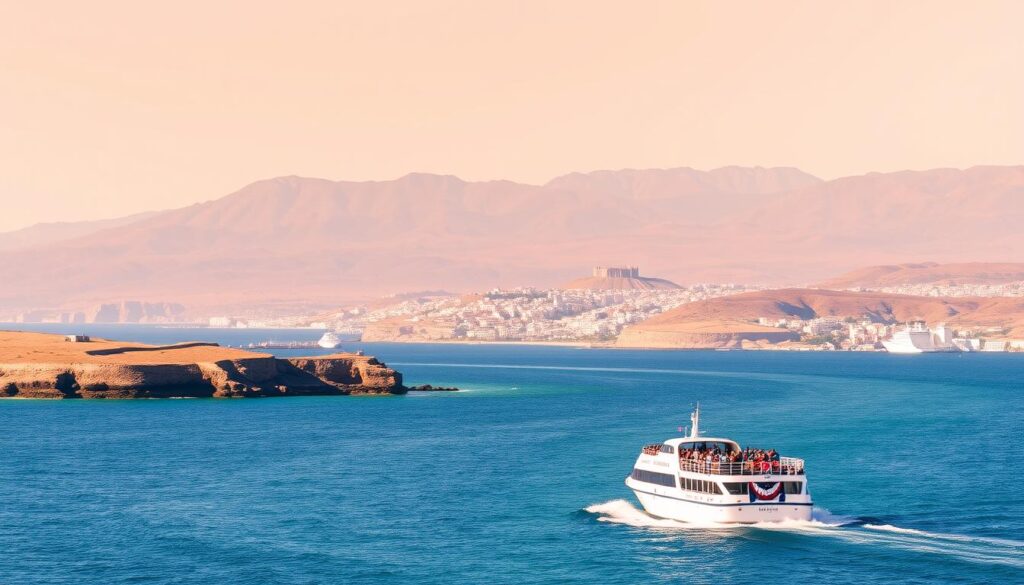 A sweeping panoramic view of the Strait of Gibraltar, the narrow waterway separating Spain and Morocco. In the foreground, a tranquil ferry cuts through the azure waters, its passengers eagerly anticipating their journey. The middle ground features the rugged coastlines of both countries, dotted with picturesque towns and ancient fortifications. In the background, the majestic Atlas Mountains rise up, their snow-capped peaks creating a dramatic backdrop. The scene is bathed in warm, golden light, evoking the rich cultural heritage of this region. MyVisitMorocco