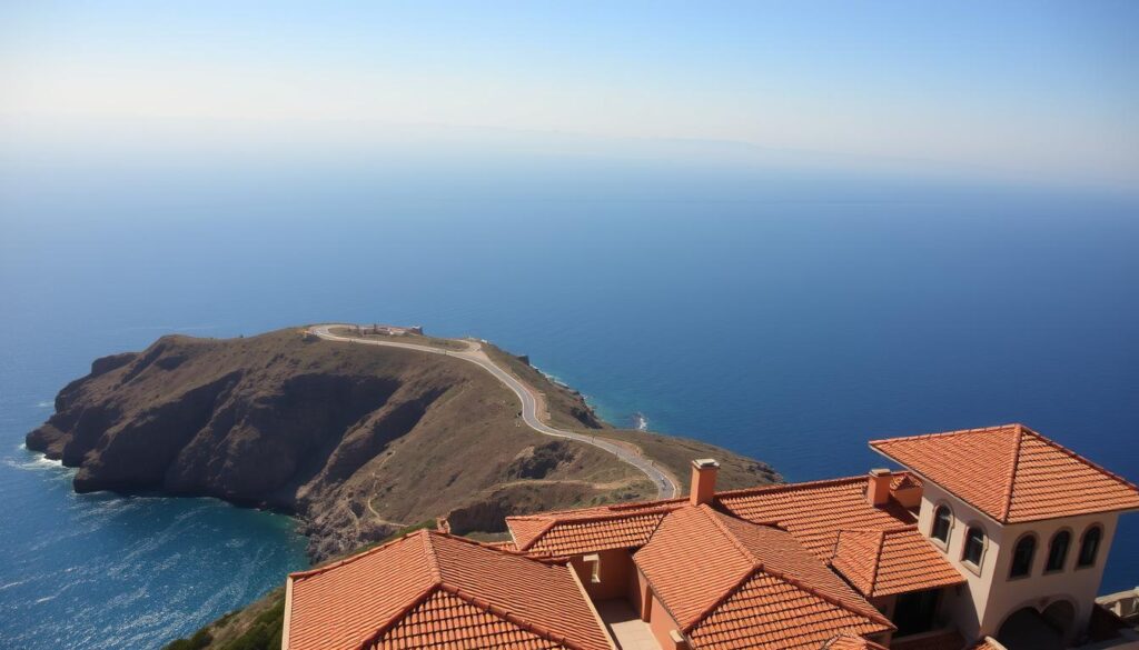 A sweeping panoramic view of the Strait of Gibraltar, where the azure waters of the Mediterranean seamlessly merge with the vast expanse of the Atlantic. In the foreground, a majestic Moorish-style villa overlooking the shore, its terracotta-tiled roofs and ornate arched windows reflecting the warm Mediterranean sun. In the middle ground, a winding coastal road snakes through rugged cliffs, leading the eye towards the distant shores of Morocco, its iconic silhouette of the Atlas Mountains on the horizon. The scene is bathed in a golden, magical light, evocative of the timeless allure of cross-continental travel. MyVisitMorocco A sweeping panoramic view of the Strait of Gibraltar, where the azure waters of the Mediterranean seamlessly merge with the vast expanse of the Atlantic. In the foreground, a majestic Moorish-style villa overlooking the shore, its terracotta-tiled roofs and ornate arched windows reflecting the warm Mediterranean sun. In the middle ground, a winding coastal road snakes through rugged cliffs, leading the eye towards the distant shores of Morocco, its iconic silhouette of the Atlas Mountains on the horizon. The scene is bathed in a golden, magical light, evocative of the timeless allure of cross-continental travel. MyVisitMorocco