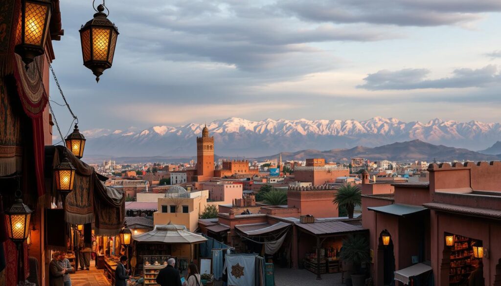 A sweeping panoramic view of the enchanting Kingdom of Morocco, captured with a wide-angle lens. In the foreground, a bustling souk (marketplace) with vibrant tapestries, ornate lanterns, and vendors selling spices and handcrafted goods. The middle ground features the iconic architecture of Marrakech, with its ochre-colored buildings and towering minarets. In the background, the majestic Atlas Mountains rise, their snow-capped peaks glowing in the warm, golden light. The scene is infused with a sense of timelessness and cultural richness, inviting the viewer to explore the MyVisitMorocco experience. Moody and atmospheric, with a touch of mystery and adventure.