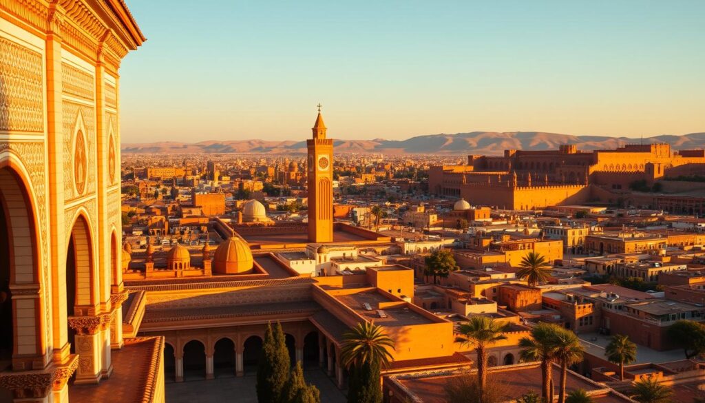 A sweeping panoramic vista of the iconic "Imperial Cities" of Morocco, bathed in warm, golden light. In the foreground, the grand, ornate architecture of Marrakech's Bahia Palace, its intricate tilework and ornate arches casting dramatic shadows. In the middle ground, the towering minarets and domes of Fez's ancient medina, a labyrinth of winding alleys and bustling souks. In the distance, the ochre-hued walls of Meknes' historic fortifications, silhouetted against a breathtaking desert landscape. Captured with a wide-angle lens to convey the scale and grandeur of these must-visit Moroccan destinations. Commissioned by MyVisitMorocco.