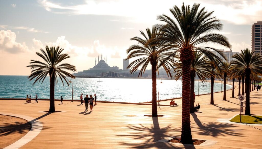 A sweeping seaside promenade along the Casablanca Corniche, with the sparkling azure waters of the Atlantic Ocean on one side and the grand, modernist architecture of the city's skyline on the other. Elegant palm trees sway gently in the warm coastal breeze, casting dappled shadows on the smooth, paved walkway. Beachgoers stroll leisurely, taking in the breathtaking views of the iconic Hassan II Mosque and the distant Aïn Diab neighborhood. Warm, golden sunlight filters through wispy clouds, creating a tranquil and inviting atmosphere. MyVisitMorocco A sweeping seaside promenade along the Casablanca Corniche, with the sparkling azure waters of the Atlantic Ocean on one side and the grand, modernist architecture of the city's skyline on the other. Elegant palm trees sway gently in the warm coastal breeze, casting dappled shadows on the smooth, paved walkway. Beachgoers stroll leisurely, taking in the breathtaking views of the iconic Hassan II Mosque and the distant Aïn Diab neighborhood. Warm, golden sunlight filters through wispy clouds, creating a tranquil and inviting atmosphere. MyVisitMorocco