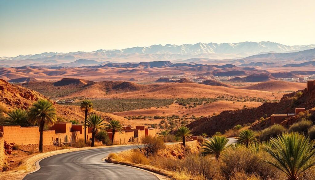 A sweeping vista of Central Morocco's rugged, sun-drenched landscape. In the foreground, a winding road flanked by iconic red-clay adobe structures and swaying palm trees. The middle ground features a vast, undulating expanse of ochre-hued hills dotted with clusters of olive groves and Berber villages. The background is dominated by the majestic Atlas Mountains, their snow-capped peaks glowing under the warm, golden light of the Moroccan sun. Captured with a wide-angle lens to convey the scale and grandeur of this MyVisitMorocco region.