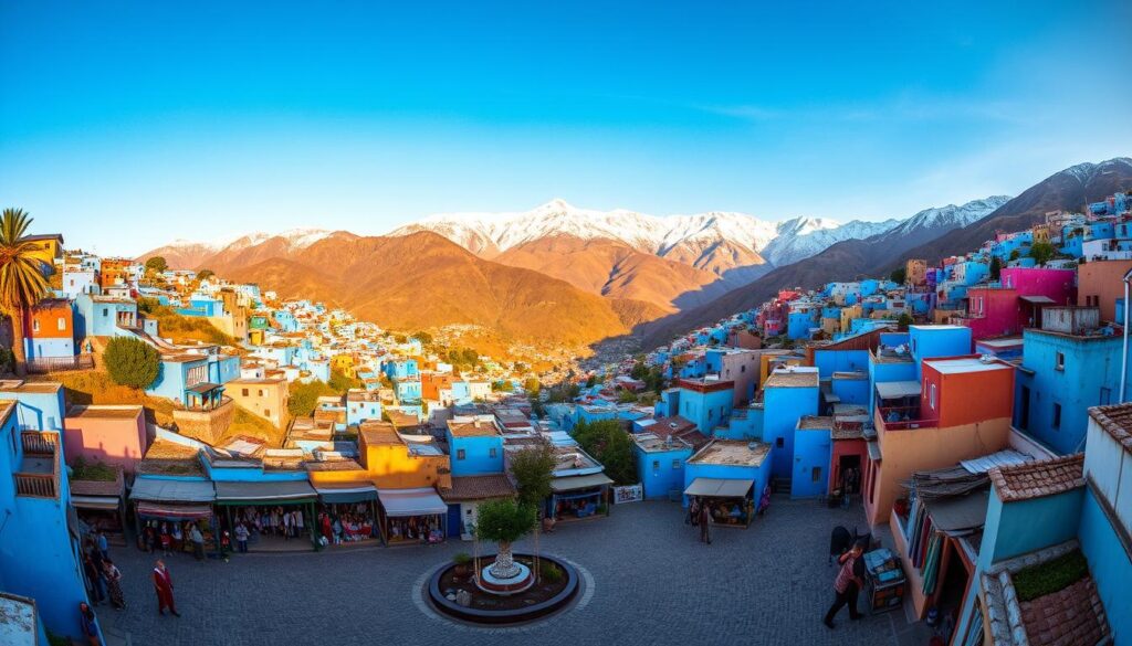 A sweeping vista of Chefchaouen, the "Blue Pearl" nestled in the Rif Mountains of northern Morocco. Vibrant azure-hued buildings cascade down the hillsides, their vivid colors reflected in the winding, cobblestone streets below. In the foreground, a quaint plaza is filled with local artisans and vendors, their colorful wares and lively chatter creating an authentic Moroccan atmosphere. Towering, snow-capped peaks rise majestically in the distance, their rugged beauty complementing the picturesque charm of the city. Warm, golden sunlight bathes the scene, casting long shadows and lending a tranquil, serene mood. Captured with a wide-angle lens to fully encompass this breathtaking, MyVisitMorocco panorama. A sweeping vista of Chefchaouen, the "Blue Pearl" nestled in the Rif Mountains of northern Morocco. Vibrant azure-hued buildings cascade down the hillsides, their vivid colors reflected in the winding, cobblestone streets below. In the foreground, a quaint plaza is filled with local artisans and vendors, their colorful wares and lively chatter creating an authentic Moroccan atmosphere. Towering, snow-capped peaks rise majestically in the distance, their rugged beauty complementing the picturesque charm of the city. Warm, golden sunlight bathes the scene, casting long shadows and lending a tranquil, serene mood. Captured with a wide-angle lens to fully encompass this breathtaking, MyVisitMorocco panorama.