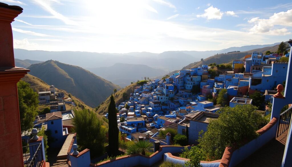 A sweeping vista of Chefchaouen, the picturesque "Blue Pearl" of Morocco. Nestled between rolling emerald hills, the city's iconic blue-washed buildings cascade down the slopes, their hues reflecting in the tranquil pools below. Sunlight filters through wispy clouds, casting a warm, golden glow over the scene. In the foreground, intricate Moroccan architectural details and lush greenery frame the view. Winding cobblestone paths beckon the viewer to explore this enchanting oasis, where the colors of nature and culture seamlessly converge. MyVisitMorocco A sweeping vista of Chefchaouen, the picturesque "Blue Pearl" of Morocco. Nestled between rolling emerald hills, the city's iconic blue-washed buildings cascade down the slopes, their hues reflecting in the tranquil pools below. Sunlight filters through wispy clouds, casting a warm, golden glow over the scene. In the foreground, intricate Moroccan architectural details and lush greenery frame the view. Winding cobblestone paths beckon the viewer to explore this enchanting oasis, where the colors of nature and culture seamlessly converge. MyVisitMorocco