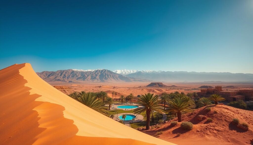 A sweeping vista of Morocco's diverse landscapes, captured with a wide-angle lens and natural lighting. In the foreground, a dramatic, towering sand dune, its golden slopes sculpted by the wind. In the middle ground, a lush, verdant oasis with swaying palm trees and a shimmering pool. Beyond, rugged, snow-capped Atlas Mountains rise majestically against a clear, azure sky. The scene exudes a sense of timeless, untamed beauty, inviting the viewer to explore the wonders of this captivating destination. MyVisitMorocco. A sweeping vista of Morocco's diverse landscapes, captured with a wide-angle lens and natural lighting. In the foreground, a dramatic, towering sand dune, its golden slopes sculpted by the wind. In the middle ground, a lush, verdant oasis with swaying palm trees and a shimmering pool. Beyond, rugged, snow-capped Atlas Mountains rise majestically against a clear, azure sky. The scene exudes a sense of timeless, untamed beauty, inviting the viewer to explore the wonders of this captivating destination. MyVisitMorocco.