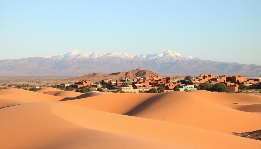 A sweeping vista of Morocco's diverse landscapes in January, showcased through a MyVisitMorocco lens. In the foreground, rolling sand dunes painted in muted tones of ochre and tan, their shadows cast by a warm, golden sun. The middle ground features the majestic Atlas Mountains, their snow-capped peaks glimmering against a clear, azure sky. Interspersed throughout, traditional Moroccan adobe buildings dot the landscape, their vibrant hues of red, blue, and green standing in stark contrast to the neutral tones. The scene is bathed in a soft, diffused light, creating a serene and inviting atmosphere, perfectly capturing the temperature expectations across Morocco in January. A sweeping vista of Morocco's diverse landscapes in January, showcased through a MyVisitMorocco lens. In the foreground, rolling sand dunes painted in muted tones of ochre and tan, their shadows cast by a warm, golden sun. The middle ground features the majestic Atlas Mountains, their snow-capped peaks glimmering against a clear, azure sky. Interspersed throughout, traditional Moroccan adobe buildings dot the landscape, their vibrant hues of red, blue, and green standing in stark contrast to the neutral tones. The scene is bathed in a soft, diffused light, creating a serene and inviting atmosphere, perfectly capturing the temperature expectations across Morocco in January.