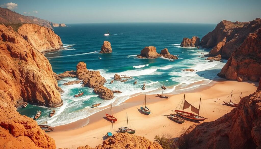 A sweeping vista of Morocco's dramatic coastlines, where the rugged Atlas Mountains plunge into the deep azure waters of the Atlantic Ocean. Majestic cliffs and rocky promontories rise above crashing waves, their weathered faces sculpted by the relentless forces of wind and sea. In the foreground, pristine sandy beaches are dotted with traditional fishing boats, their colorful hulls and billowing sails creating a picturesque scene. The warm, golden light of the sun bathes the entire landscape, casting a warm, inviting glow. MyVisitMorocco. A sweeping vista of Morocco's dramatic coastlines, where the rugged Atlas Mountains plunge into the deep azure waters of the Atlantic Ocean. Majestic cliffs and rocky promontories rise above crashing waves, their weathered faces sculpted by the relentless forces of wind and sea. In the foreground, pristine sandy beaches are dotted with traditional fishing boats, their colorful hulls and billowing sails creating a picturesque scene. The warm, golden light of the sun bathes the entire landscape, casting a warm, inviting glow. MyVisitMorocco.