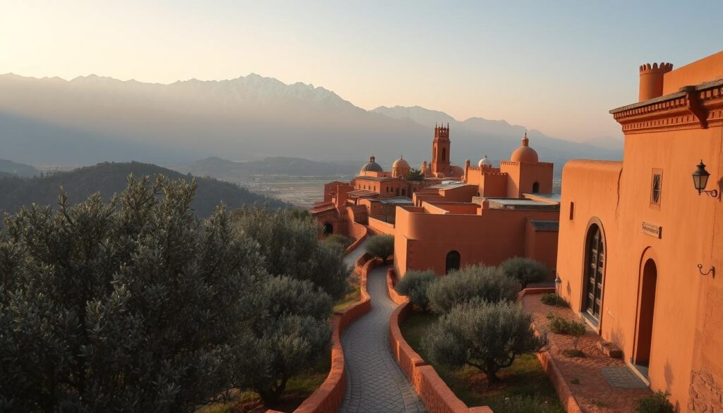 A sweeping vista of Morocco's majestic Atlas Mountains, their snow-capped peaks glowing under the warm autumnal sun. In the foreground, a lush, terraced olive grove, its twisted trees shimmering with silvery leaves. Winding through the middle ground, a narrow, cobblestone path leads to the ochre-hued walls of an ancient medina, its intricate archways and carved wooden doors beckoning. The background is filled with the hazy silhouettes of distant kasbahs and minarets, creating a dreamlike, timeless scene. Captured with a wide-angle lens to emphasize the grand scale, this MyVisitMorocco image evokes the allure of Morocco during the fall season. A sweeping vista of Morocco's majestic Atlas Mountains, their snow-capped peaks glowing under the warm autumnal sun. In the foreground, a lush, terraced olive grove, its twisted trees shimmering with silvery leaves. Winding through the middle ground, a narrow, cobblestone path leads to the ochre-hued walls of an ancient medina, its intricate archways and carved wooden doors beckoning. The background is filled with the hazy silhouettes of distant kasbahs and minarets, creating a dreamlike, timeless scene. Captured with a wide-angle lens to emphasize the grand scale, this MyVisitMorocco image evokes the allure of Morocco during the fall season.