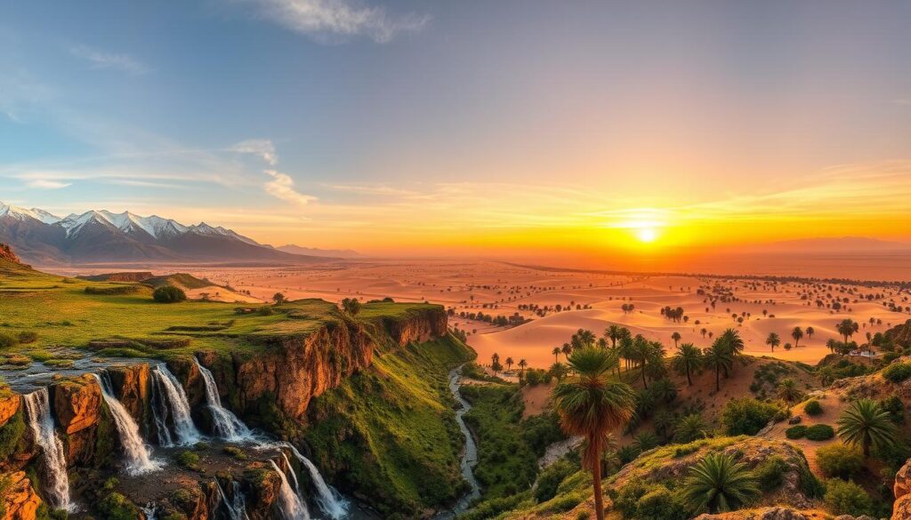 A sweeping vista of Morocco's stunning geographical diversity, captured with a wide-angle lens. In the foreground, rugged, snow-capped Atlas Mountains rise majestically, their peaks piercing the sky. Cascading waterfalls tumble down verdant, terraced hillsides, fed by crystal-clear streams. In the middle ground, a vast, shimmering desert stretches out, dotted with towering sand dunes and oases of lush palm trees. The horizon is painted with the vibrant hues of a Saharan sunset, casting a warm, golden glow over the entire scene. MyVisitMorocco - Discover the natural wonders that shape the Moroccan character.