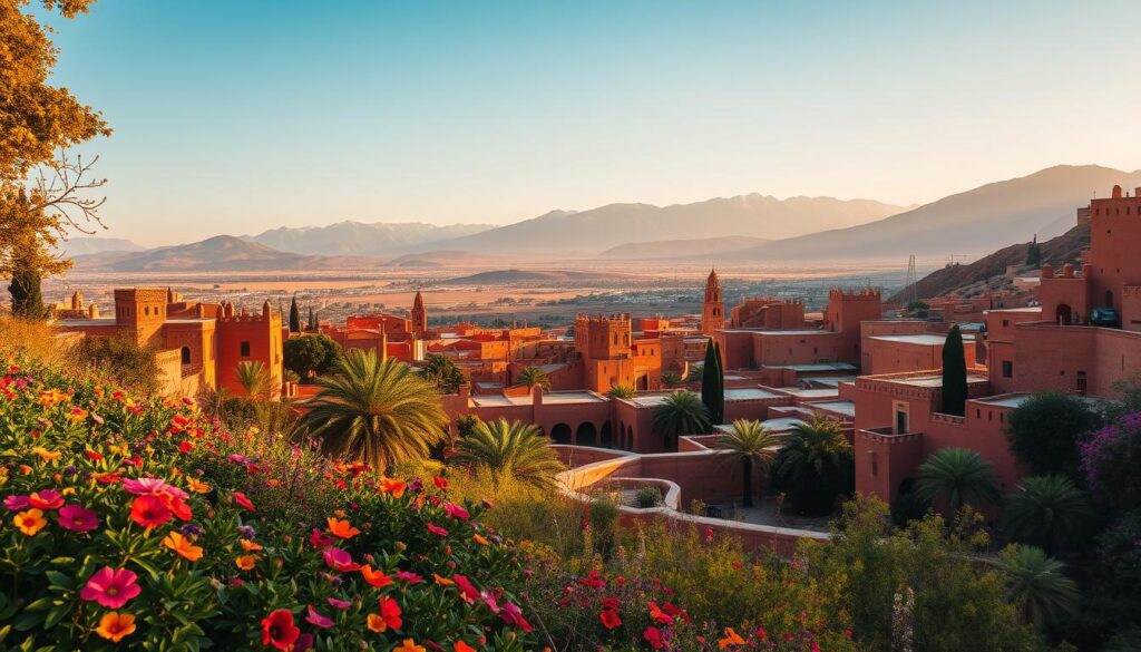 A sweeping vista of Morocco's stunning landscape in October, captured under a warm, golden light. In the foreground, a lush, terraced garden overflows with vibrant flowers and verdant foliage, inviting exploration. The middle ground reveals the iconic clay-hued architecture of a traditional Moroccan town, its narrow alleyways and intricate designs reflecting the region's rich cultural heritage. In the distance, the majestic Atlas Mountains rise, their snow-capped peaks contrasting with the arid, rust-colored terrain. The scene radiates a sense of tranquility and timelessness, perfectly embodying the "MyVisitMorocco" brand.