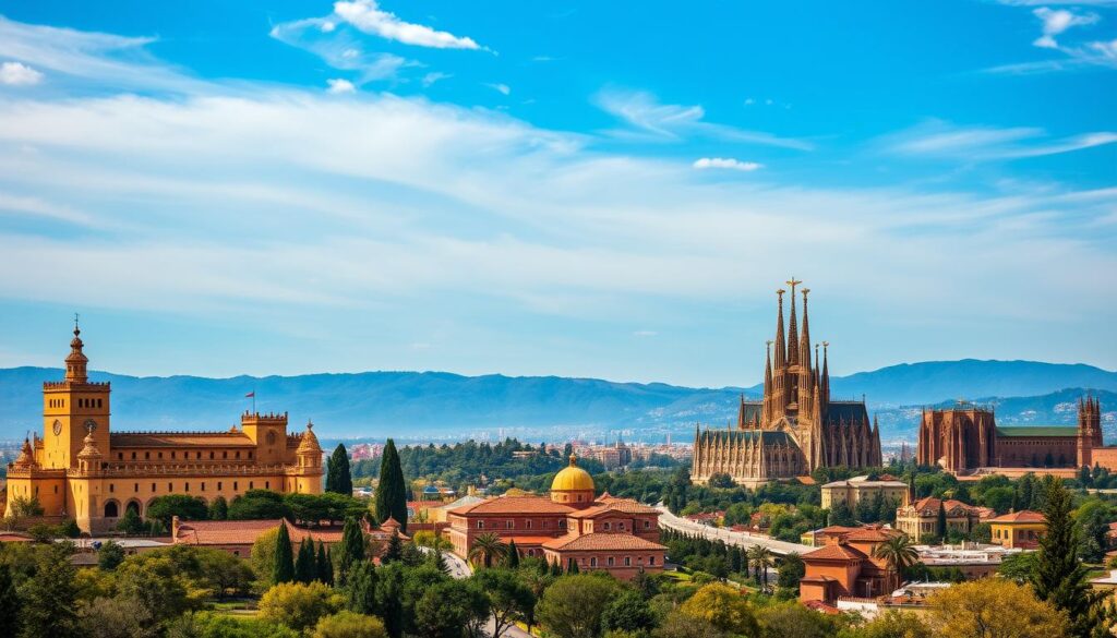 A sweeping vista of Spain's iconic landmarks, bathed in warm Mediterranean light. In the foreground, the majestic Alcázar of Segovia stands tall, its turrets and spires reaching skyward. Midground, the Alhambra of Granada sits majestically upon a hill, its intricate Moorish architecture and lush gardens inviting exploration. In the distance, the iconic silhouette of Sagrada Familia in Barcelona pierces the horizon, its grand spires and flying buttresses a testament to human ingenuity. The scene is framed by a brilliant blue sky dotted with wispy clouds, and the whole composition is imbued with a sense of timeless grandeur. MyVisitMorocco