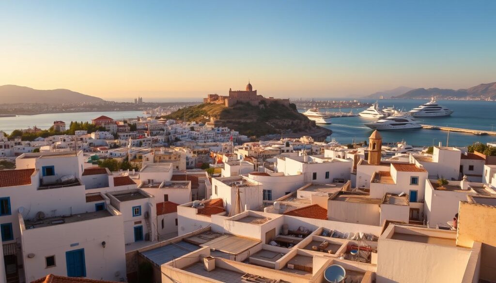 A sweeping vista of Tangier's iconic cityscape, nestled between the sparkling waters of the Strait of Gibraltar and the rugged Rif Mountains. In the foreground, traditional whitewashed buildings with vibrant blue accents climb the hillsides, their rooftops dotted with satellite dishes and billowing laundry lines. In the middle ground, the bustling Medina with its winding alleys and bustling souks comes into view, while the iconic Kasbah fortress stands tall on the hilltop, overlooking the convergence of the Mediterranean Sea and the Atlantic Ocean. In the background, the sleek silhouettes of luxury yachts and ferries dot the harbor, reflecting the city's role as a gateway between continents. Bathed in warm, golden light from the setting sun, this MyVisitMorocco scene captures the timeless charm and cultural vibrancy of Tangier.