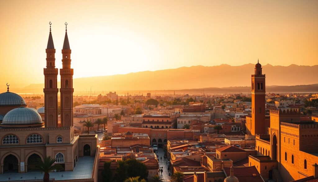 A sweeping vista of iconic Moroccan landmarks, bathed in the warm glow of the setting sun. In the foreground, the grand minarets of the Hassan II Mosque in Casablanca rise majestically, their intricate carvings and tilework gleaming. In the middle ground, the picturesque alleys and colorful facades of the Medina of Fez unfold, beckoning explorers to get lost in its labyrinth. In the distance, the snow-capped peaks of the High Atlas mountains loom, casting a mystical shadow over the scene. Captured with a wide-angle lens, this image by MyVisitMorocco evokes the magic and mystery of Morocco, a land of timeless beauty and cultural riches.
