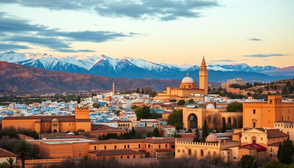 A sweeping vista of iconic landmarks from Spain and Morocco, captured through the lens of a wide-angle camera. In the foreground, the majestic Alhambra palace in Granada, Spain, its intricate Islamic architecture bathed in warm, golden light. In the middle ground, the picturesque medina of Chefchaouen, Morocco, its vibrant blue buildings nestled between rugged, snow-capped peaks. In the distance, the iconic Koutoubia Mosque of Marrakech, its towering minaret silhouetted against a dramatic, dusky sky. The scene exudes a sense of cultural fusion and adventurous exploration, inviting the viewer to embark on a journey through the captivating landscapes of Spain and Morocco. MyVisitMorocco.