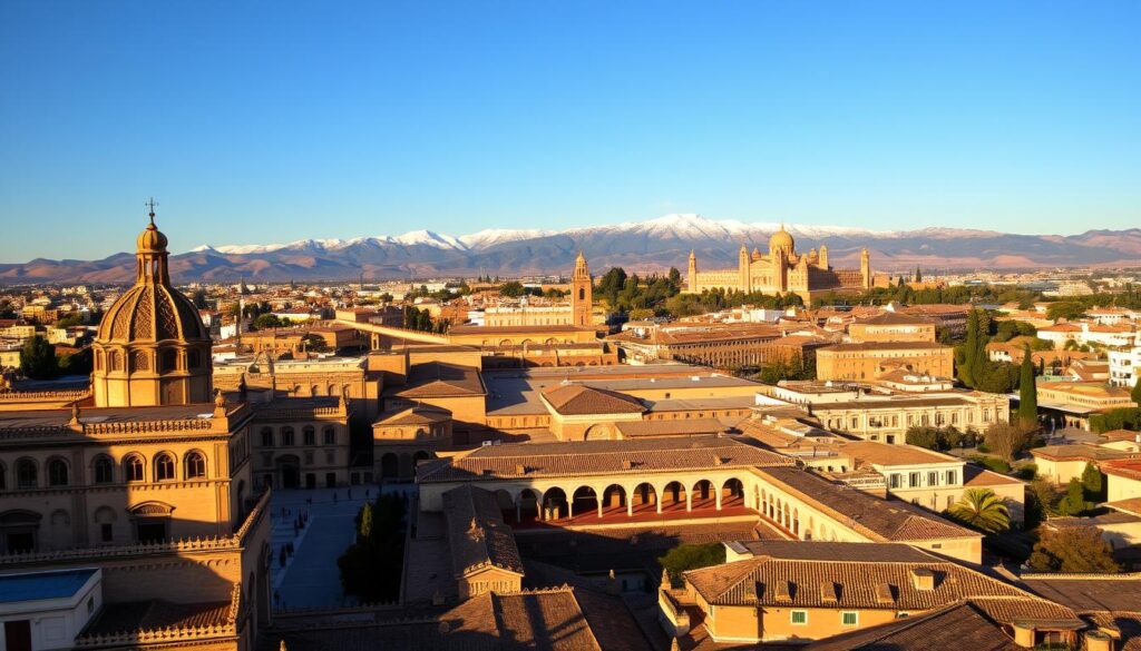 A sweeping vista of the Andalusian Triangle, where the medieval grandeur of Seville, Córdoba, and Granada converge. In the foreground, the iconic Alcázar of Seville stands tall, its ornate Mudéjar architecture bathed in warm, golden light. The middle ground reveals the iconic Mezquita of Córdoba, its crimson-hued arches and courtyards casting intricate shadows. In the distance, the snow-capped peaks of the Sierra Nevada mountains loom, framing the majestic Alhambra palace of Granada. The scene exudes a sense of timeless elegance, inviting the viewer to explore the rich cultural tapestry of Southern Spain. MyVisitMorocco A sweeping vista of the Andalusian Triangle, where the medieval grandeur of Seville, Córdoba, and Granada converge. In the foreground, the iconic Alcázar of Seville stands tall, its ornate Mudéjar architecture bathed in warm, golden light. The middle ground reveals the iconic Mezquita of Córdoba, its crimson-hued arches and courtyards casting intricate shadows. In the distance, the snow-capped peaks of the Sierra Nevada mountains loom, framing the majestic Alhambra palace of Granada. The scene exudes a sense of timeless elegance, inviting the viewer to explore the rich cultural tapestry of Southern Spain. MyVisitMorocco