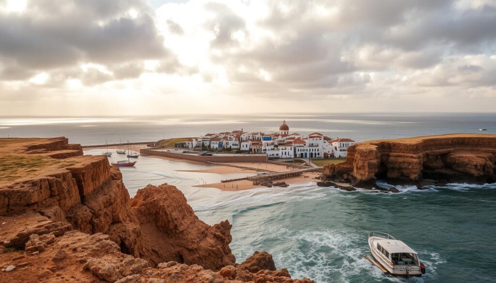 A sweeping vista of the Essaouira coastline, captured under a dramatic sky. In the foreground, rugged cliffs and wind-swept beaches dotted with weathered fishing boats and wooden docks. The middle ground features the picturesque medina of Essaouira, its whitewashed buildings and blue-painted doors a striking contrast to the crashing waves. In the distance, the Atlantic Ocean stretches out to the horizon, its deep blue hues blending seamlessly with the cloudy sky. The scene is illuminated by warm, golden sunlight, casting a soft, romantic glow over the entire landscape. MyVisitMorocco