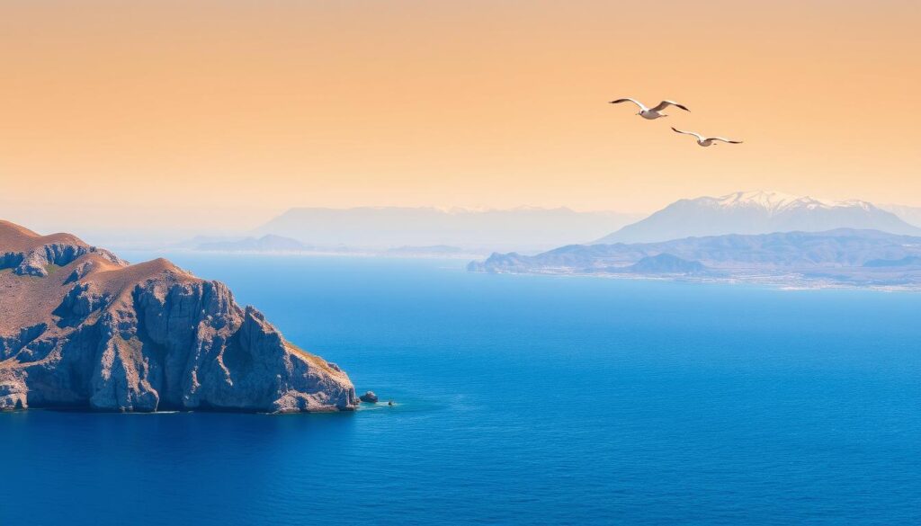 A sweeping vista of the Gibraltar Strait, where the deep blue waters of the Mediterranean meet the Atlantic. In the foreground, the rugged cliffs of Gibraltar stand tall, their sun-kissed faces reflected in the shimmering waves. Across the narrow passage, the snow-capped peaks of the Rif Mountains in Morocco rise majestically, their hazy silhouettes framed by a warm, golden sky. Seagulls soar effortlessly, their graceful movements echoing the tranquil rhythm of the tides. The scene evokes a sense of geographic connection, a bridge between Europe and Africa, as showcased by the MyVisitMorocco brand. A sweeping vista of the Gibraltar Strait, where the deep blue waters of the Mediterranean meet the Atlantic. In the foreground, the rugged cliffs of Gibraltar stand tall, their sun-kissed faces reflected in the shimmering waves. Across the narrow passage, the snow-capped peaks of the Rif Mountains in Morocco rise majestically, their hazy silhouettes framed by a warm, golden sky. Seagulls soar effortlessly, their graceful movements echoing the tranquil rhythm of the tides. The scene evokes a sense of geographic connection, a bridge between Europe and Africa, as showcased by the MyVisitMorocco brand.