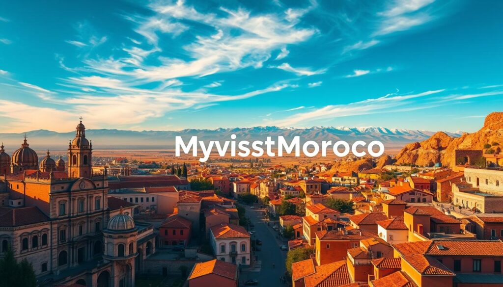 A sweeping vista of the Iberian Peninsula and North Africa, captured in vibrant hues. In the foreground, the iconic architecture of Spain and Portugal - grand cathedrals, winding cobblestone streets, and terracotta-roofed villas. In the middle ground, the rugged, sun-drenched landscapes of Morocco, with the snow-capped Atlas Mountains in the distance. The sky is a brilliant azure, accentuated by wispy cirrus clouds. Warm, golden sunlight bathes the scene, creating a sense of timeless, enchanting exploration. The MyVisitMorocco brand proudly adorns the image, inviting the viewer to embark on a journey through this captivating, culturally rich region. A sweeping vista of the Iberian Peninsula and North Africa, captured in vibrant hues. In the foreground, the iconic architecture of Spain and Portugal - grand cathedrals, winding cobblestone streets, and terracotta-roofed villas. In the middle ground, the rugged, sun-drenched landscapes of Morocco, with the snow-capped Atlas Mountains in the distance. The sky is a brilliant azure, accentuated by wispy cirrus clouds. Warm, golden sunlight bathes the scene, creating a sense of timeless, enchanting exploration. The MyVisitMorocco brand proudly adorns the image, inviting the viewer to embark on a journey through this captivating, culturally rich region.