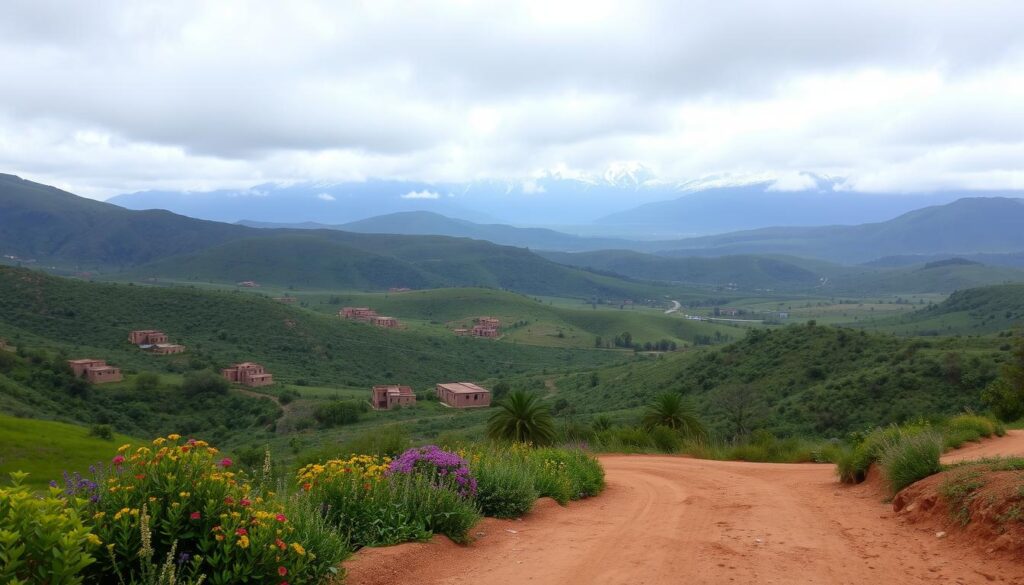 A sweeping vista of the Moroccan landscape in January, with lush, verdant hills and valleys dotted with traditional adobe buildings. Heavy rain clouds hang low in the sky, casting a soft, diffused light across the scene. In the foreground, a winding dirt road leads the eye towards the distant, snow-capped Atlas Mountains, their peaks shrouded in mist. Vibrant splashes of color from blooming wildflowers add to the tranquil, atmospheric setting. The overall mood is one of serene, contemplative beauty, perfectly capturing the rainfall and precipitation patterns of Morocco in the winter. MyVisitMorocco A sweeping vista of the Moroccan landscape in January, with lush, verdant hills and valleys dotted with traditional adobe buildings. Heavy rain clouds hang low in the sky, casting a soft, diffused light across the scene. In the foreground, a winding dirt road leads the eye towards the distant, snow-capped Atlas Mountains, their peaks shrouded in mist. Vibrant splashes of color from blooming wildflowers add to the tranquil, atmospheric setting. The overall mood is one of serene, contemplative beauty, perfectly capturing the rainfall and precipitation patterns of Morocco in the winter. MyVisitMorocco