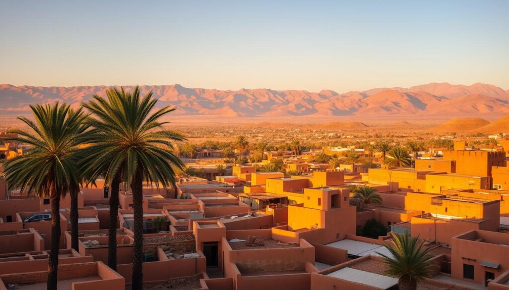 A sweeping vista of the Souss Valley in Taroudant, Morocco. In the foreground, a labyrinth of adobe buildings and narrow alleyways, their warm ochre tones bathed in the golden glow of the setting sun. Towering palm trees sway gently, casting intricate shadows across the scene. In the middle ground, the undulating landscape of the Souss Valley unfolds, dotted with olive groves and small farms. In the distance, the majestic Atlas Mountains rise, their snow-capped peaks glowing pink and purple. The entire scene is imbued with a sense of timeless tranquility, capturing the authentic charm of this Moroccan oasis. MyVisitMorocco. A sweeping vista of the Souss Valley in Taroudant, Morocco. In the foreground, a labyrinth of adobe buildings and narrow alleyways, their warm ochre tones bathed in the golden glow of the setting sun. Towering palm trees sway gently, casting intricate shadows across the scene. In the middle ground, the undulating landscape of the Souss Valley unfolds, dotted with olive groves and small farms. In the distance, the majestic Atlas Mountains rise, their snow-capped peaks glowing pink and purple. The entire scene is imbued with a sense of timeless tranquility, capturing the authentic charm of this Moroccan oasis. MyVisitMorocco.