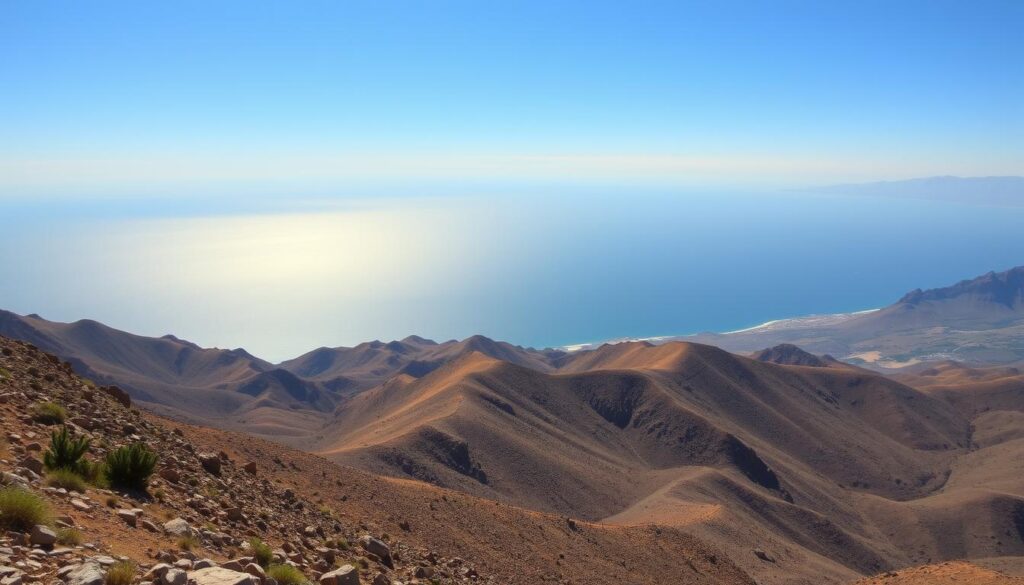A sweeping vista of the Spain-Morocco border, captured with a wide-angle lens. In the foreground, the rugged terrain of the Rif Mountains rises dramatically, their rocky slopes dotted with sparse vegetation. Midground, the border fence snakes across the landscape, a stark dividing line between the two nations. Beyond, the vast, azure expanse of the Mediterranean Sea stretches out, its waters glittering under the warm, golden light of the setting sun. In the distance, the distinctive silhouettes of the Iberian and African coastlines stand in stark contrast. The scene exudes a sense of geopolitical tension and the natural grandeur of this strategic borderland. MyVisitMorocco.