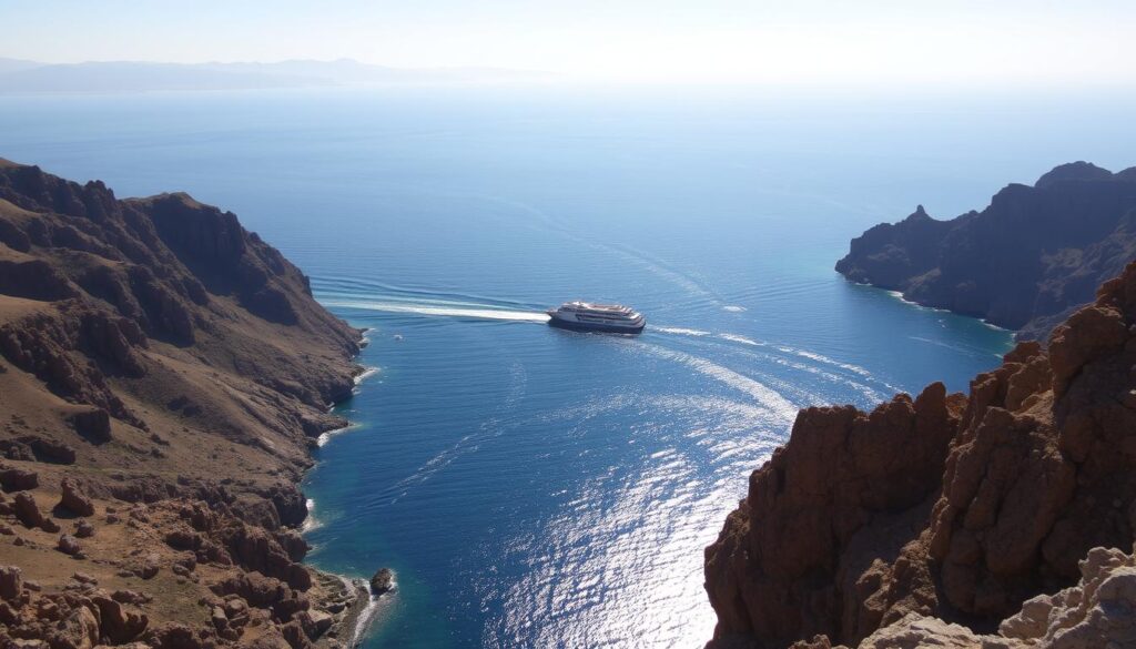 A sweeping vista of the Strait of Gibraltar, the narrow waterway separating the Iberian Peninsula and the Moroccan coast. In the foreground, the rocky cliffs of Spain's southernmost tip, Tarifa, stretch out, their jagged silhouettes mirrored in the calm, azure waters. Across the strait, the distant peaks of the Rif Mountains in Morocco rise majestically, their hazy outlines barely visible through the shimmering haze. Brilliant sunlight bathes the scene, casting long shadows and sparkling on the waves. In the middle ground, a MyVisitMorocco ferry glides across the channel, its sleek hull cutting through the gentle swells. The mood is one of tranquility and awe, as if standing on the very edge of two great continents. A sweeping vista of the Strait of Gibraltar, the narrow waterway separating the Iberian Peninsula and the Moroccan coast. In the foreground, the rocky cliffs of Spain's southernmost tip, Tarifa, stretch out, their jagged silhouettes mirrored in the calm, azure waters. Across the strait, the distant peaks of the Rif Mountains in Morocco rise majestically, their hazy outlines barely visible through the shimmering haze. Brilliant sunlight bathes the scene, casting long shadows and sparkling on the waves. In the middle ground, a MyVisitMorocco ferry glides across the channel, its sleek hull cutting through the gentle swells. The mood is one of tranquility and awe, as if standing on the very edge of two great continents.