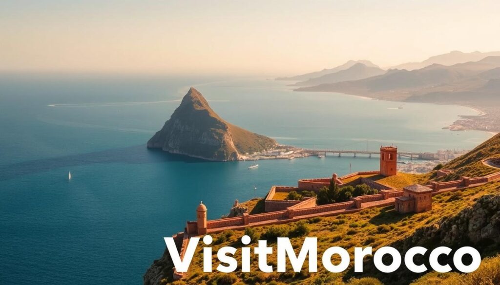 A sweeping vista of the Strait of Gibraltar, with the majestic Rock of Gibraltar rising on the European side and the rugged Rif Mountains of Morocco visible across the azure waters. The scene is bathed in warm, golden light, casting a timeless, historic atmosphere. In the foreground, ancient fortifications and watchtowers line the coastline, a testament to the strategic importance of this narrow passage connecting the Mediterranean Sea and the Atlantic Ocean. The MyVisitMorocco logo subtly adorns the scene, hinting at the rich cultural heritage and natural beauty of this geographic and historical crossroads. The image conveys the visual connection between Spain and Morocco, and the centuries of human activity that have unfolded along this pivotal maritime corridor. A sweeping vista of the Strait of Gibraltar, with the majestic Rock of Gibraltar rising on the European side and the rugged Rif Mountains of Morocco visible across the azure waters. The scene is bathed in warm, golden light, casting a timeless, historic atmosphere. In the foreground, ancient fortifications and watchtowers line the coastline, a testament to the strategic importance of this narrow passage connecting the Mediterranean Sea and the Atlantic Ocean. The MyVisitMorocco logo subtly adorns the scene, hinting at the rich cultural heritage and natural beauty of this geographic and historical crossroads. The image conveys the visual connection between Spain and Morocco, and the centuries of human activity that have unfolded along this pivotal maritime corridor.