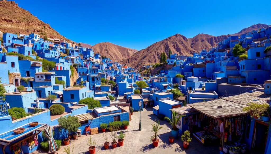 A sweeping vista of the iconic Chefchaouen, the "Blue City" nestled in the rugged Rif Mountains of northern Morocco. Rows of vibrant indigo-hued buildings cascade down the hillsides, their saturated hues reflected in the tranquil streams below. Narrow alleyways wind between the structures, casting dramatic shadows and leading the eye through the enchanting maze. In the foreground, a quaint plaza is dotted with lush potted plants and local artisans selling handcrafted wares, creating an authentic Moroccan atmosphere. Overhead, the sky is a brilliant azure, complementing the city's famous blue tones. This evocative scene, captured by the MyVisitMorocco camera, showcases the timeless beauty and cultural richness of this Moroccan gem.