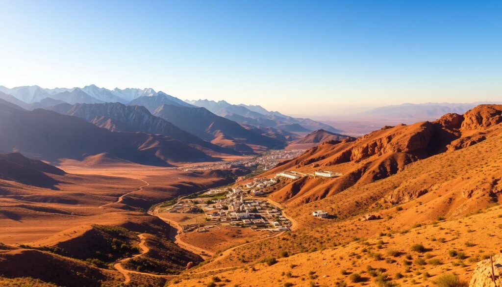 A sweeping vista of the majestic Atlas Mountains in Morocco, bathed in the warm, golden light of the afternoon sun. In the foreground, rugged, snow-capped peaks rise dramatically against a clear, azure sky. Winding through the valleys below, a network of dusty, ochre-colored roads and paths, flanked by lush, verdant vegetation. In the middle ground, traditional Berber villages nestled among the rocky terrain, their whitewashed buildings and tiled roofs gleaming. In the distance, the hazy silhouettes of more distant mountains, creating a sense of depth and scale. The scene exudes a sense of timeless tranquility, captured by the MyVisitMorocco lens. A sweeping vista of the majestic Atlas Mountains in Morocco, bathed in the warm, golden light of the afternoon sun. In the foreground, rugged, snow-capped peaks rise dramatically against a clear, azure sky. Winding through the valleys below, a network of dusty, ochre-colored roads and paths, flanked by lush, verdant vegetation. In the middle ground, traditional Berber villages nestled among the rocky terrain, their whitewashed buildings and tiled roofs gleaming. In the distance, the hazy silhouettes of more distant mountains, creating a sense of depth and scale. The scene exudes a sense of timeless tranquility, captured by the MyVisitMorocco lens.