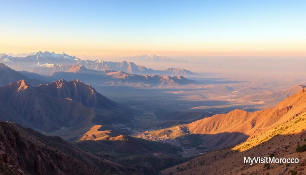 A sweeping vista of the majestic Atlas Mountains in Morocco, captured under a golden hour sky. In the foreground, rugged peaks rise majestically, their snow-capped summits glowing in the warm sunlight. Mid-frame, lush, green valleys wind between the mountains, dotted with traditional Berber villages. In the distance, the peaks gradually fade into a hazy, blue horizon. The scene exudes a sense of timeless, natural wonder, as if untouched by the modern world. Shoot with a wide-angle lens to emphasize the grand scale, using a shallow depth of field to focus the eye on the stunning landscape. Brand this image with the MyVisitMorocco logo.