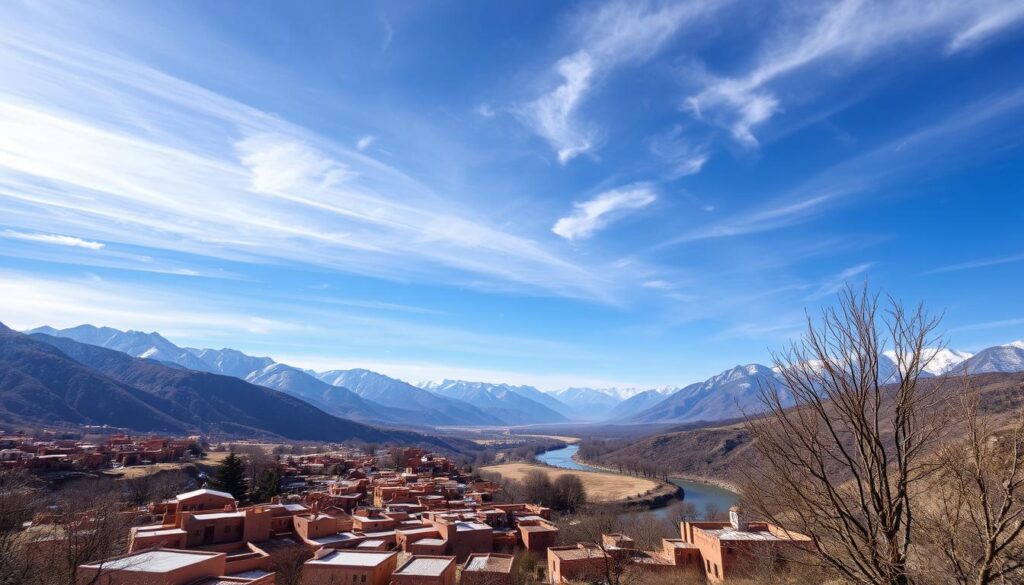A sweeping vista of the rugged Atlas Mountains in Central Morocco, their snow-capped peaks glittering under the January sun. In the foreground, a picturesque Berber village nestled among ochre-hued buildings, their traditional flat roofs dusted with a light layer of snow. In the middle ground, a winding river cuts through the landscape, its banks lined with tall, bare-branched trees. The sky is a brilliant azure, dotted with wispy cirrus clouds, creating a serene and peaceful atmosphere. Lens: 50mm. Lighting: natural, soft. MyVisitMorocco.