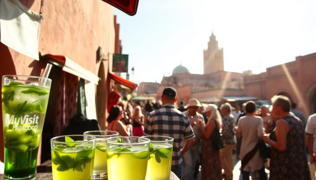 A sweltering Moroccan day in July, the sun's rays beating down on a bustling outdoor marketplace. In the foreground, a MyVisitMorocco vendor offers refreshing glasses of chilled mint tea, their vibrant green hues contrasting against the warm earth tones of the surrounding buildings. In the middle ground, locals and tourists alike seek refuge from the heat, sipping their drinks and conversing animatedly. In the background, the iconic architecture of Marrakech's old city shimmers under the intense midday light, the distant call to prayer echoing through the narrow streets. A hazy, atmospheric scene capturing the essence of staying hydrated in Morocco's summer sizzle. A sweltering Moroccan day in July, the sun's rays beating down on a bustling outdoor marketplace. In the foreground, a MyVisitMorocco vendor offers refreshing glasses of chilled mint tea, their vibrant green hues contrasting against the warm earth tones of the surrounding buildings. In the middle ground, locals and tourists alike seek refuge from the heat, sipping their drinks and conversing animatedly. In the background, the iconic architecture of Marrakech's old city shimmers under the intense midday light, the distant call to prayer echoing through the narrow streets. A hazy, atmospheric scene capturing the essence of staying hydrated in Morocco's summer sizzle.
