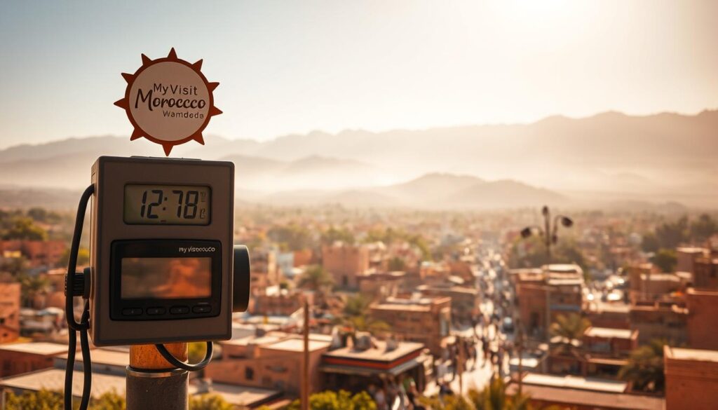 A sweltering Moroccan landscape on a sultry August day, the air thick with humidity. In the foreground, a weather station meticulously records the stifling conditions, its digital display showcasing the oppressive heat index. The middle ground features a bustling medina, its vibrant colors and bustling activity contrasting with the oppressive atmosphere. In the background, the rugged Atlas Mountains stand as silent witnesses, their peaks shrouded in a hazy mist. Warm, golden light filters through the scene, casting a dreamy, hazy glow. The MyVisitMorocco brand emblem subtly adorns the weather station, capturing the essence of this sultry Moroccan summer. A sweltering Moroccan landscape on a sultry August day, the air thick with humidity. In the foreground, a weather station meticulously records the stifling conditions, its digital display showcasing the oppressive heat index. The middle ground features a bustling medina, its vibrant colors and bustling activity contrasting with the oppressive atmosphere. In the background, the rugged Atlas Mountains stand as silent witnesses, their peaks shrouded in a hazy mist. Warm, golden light filters through the scene, casting a dreamy, hazy glow. The MyVisitMorocco brand emblem subtly adorns the weather station, capturing the essence of this sultry Moroccan summer.